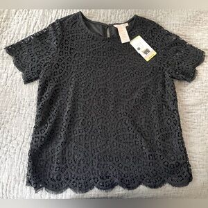 NWT Philosophy Black Lace Embellished Blouse Raw Edge Short Sleeve Medium